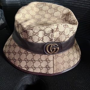 Gucci GUCCI Double G. Fedora Hat S 57cm Hat GG Canvas Gold Metal Fittings Beige
